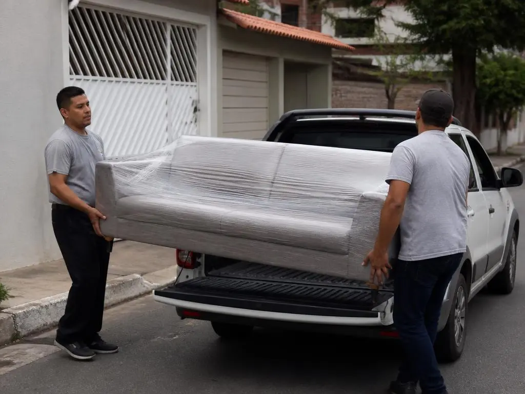 Transporte de móveis em pequeno frete: sofá protegido sendo carregado em caminhonete